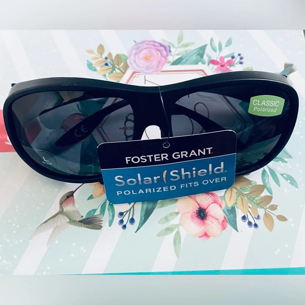 Fit over Rx glasses. Foster Grant Black Solar Shield Sunglasses